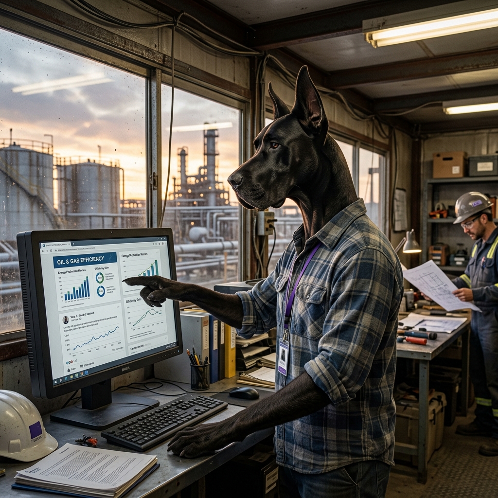 Tano, a majestic Black Great Dane Head of Content in an industrial field office reviewing technical newsletters