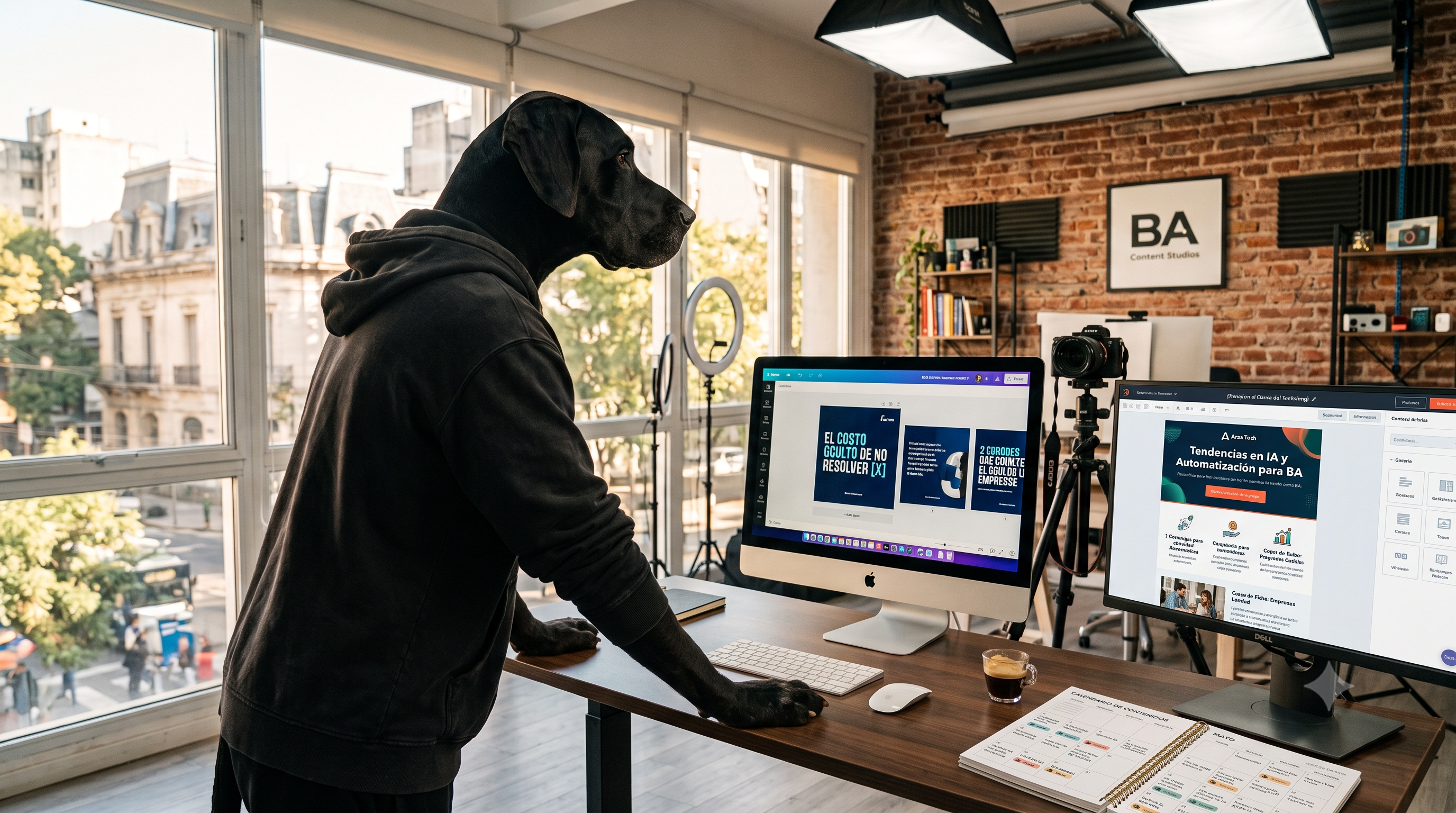 Tano el Great Dane produciendo contenido en el estudio de BA Content