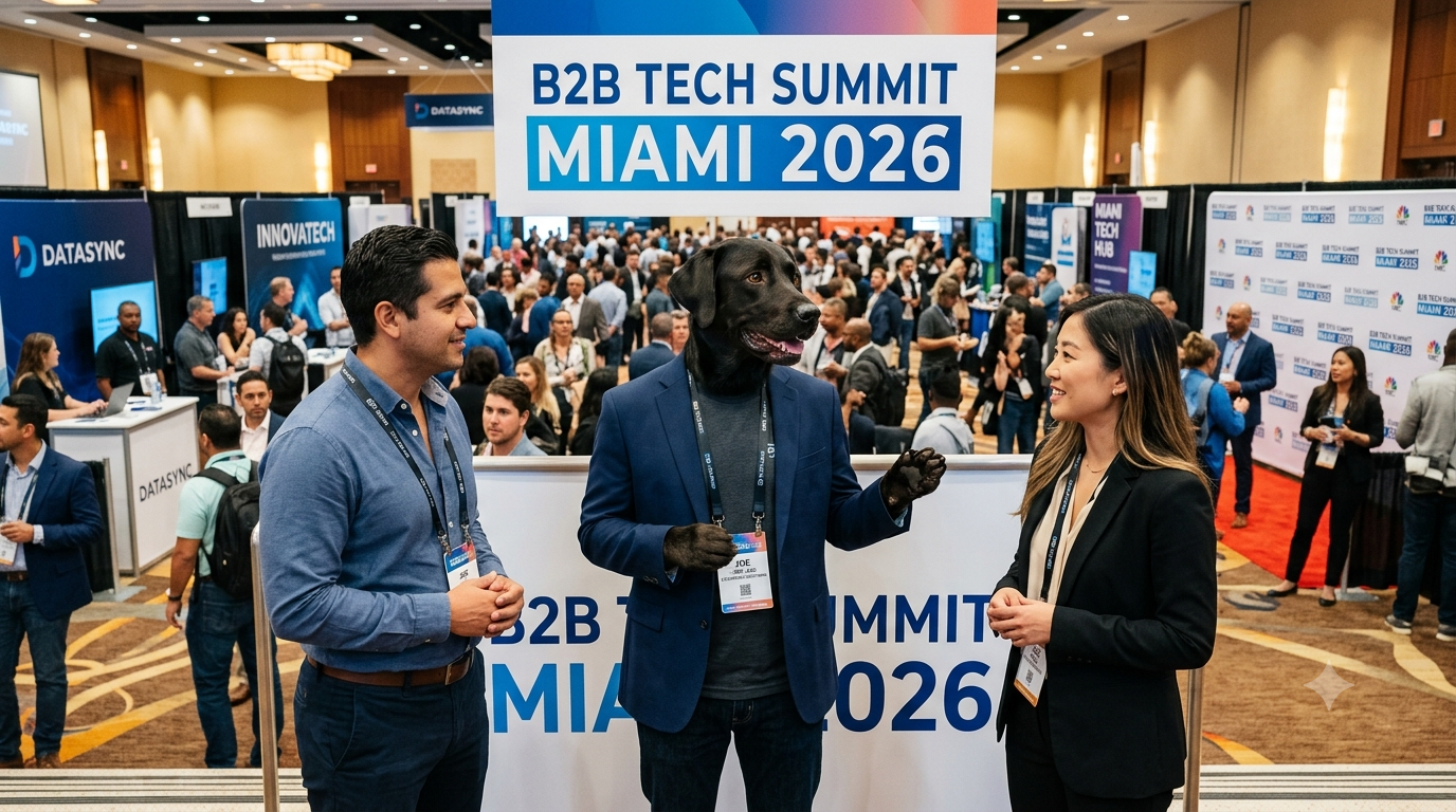Joe the Black Lab connecting with a prospect at a B2B conference