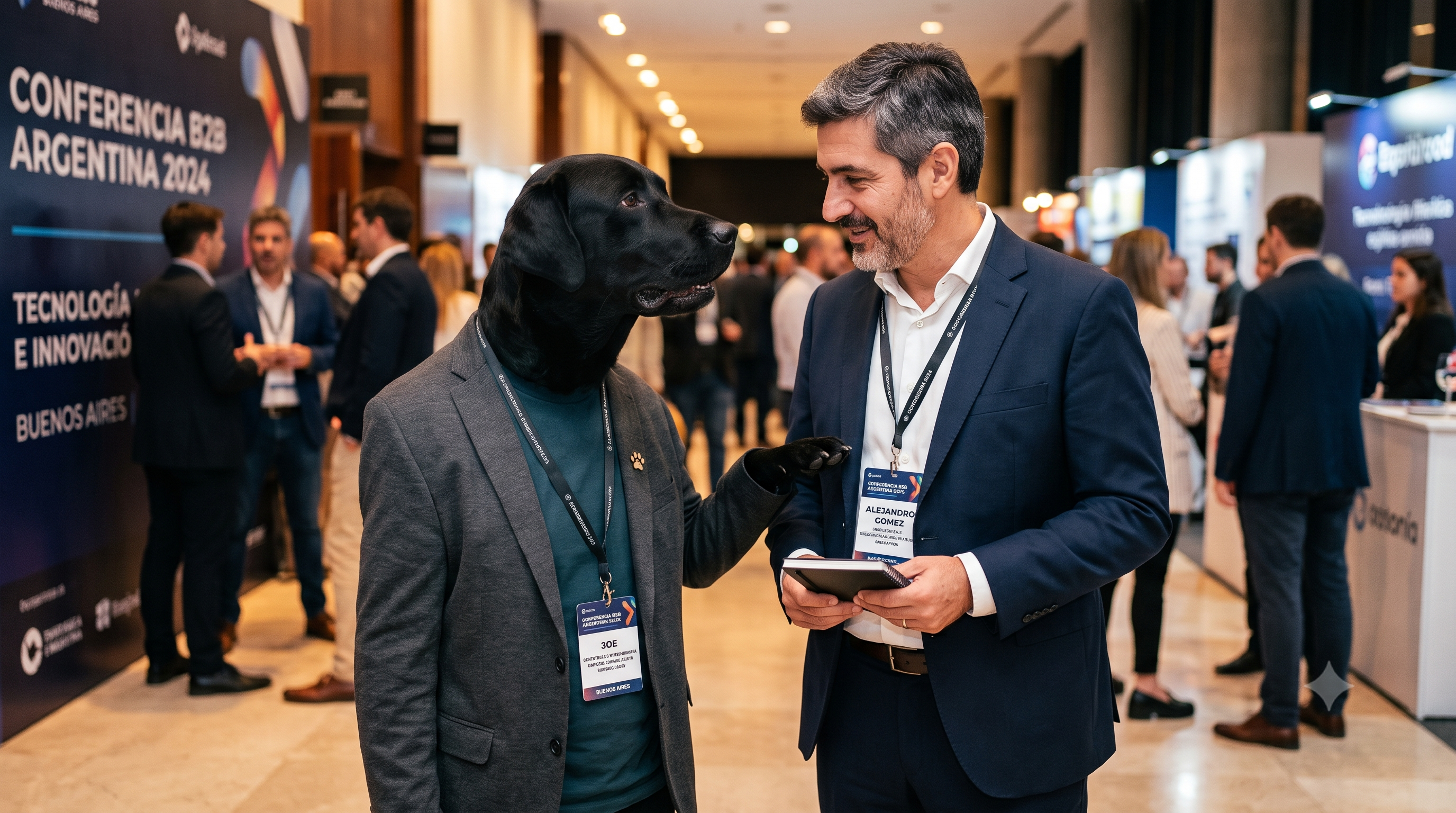 Joe el Black Lab en la Conferencia B2B Argentina 2024 conectando con un prospecto