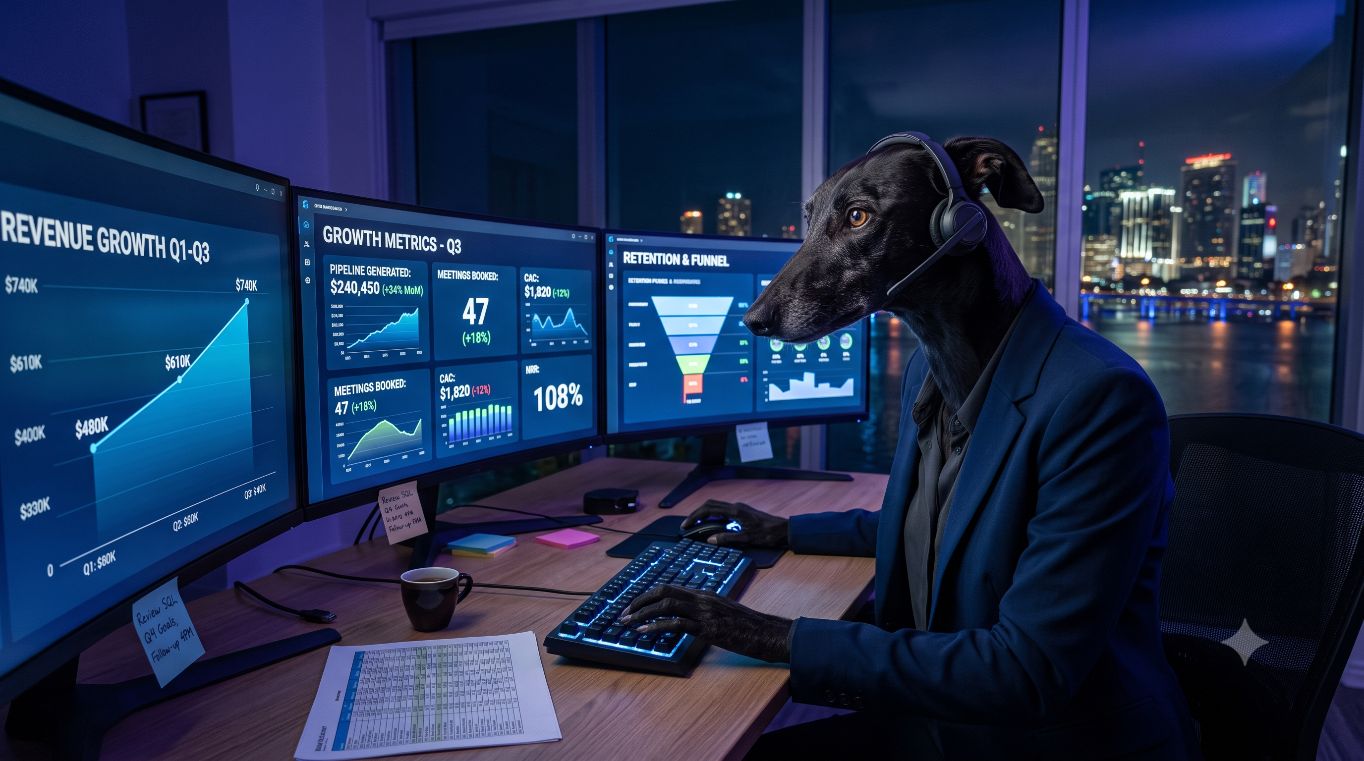 Pauli the Greyhound analyzing the channel audit across three screens
