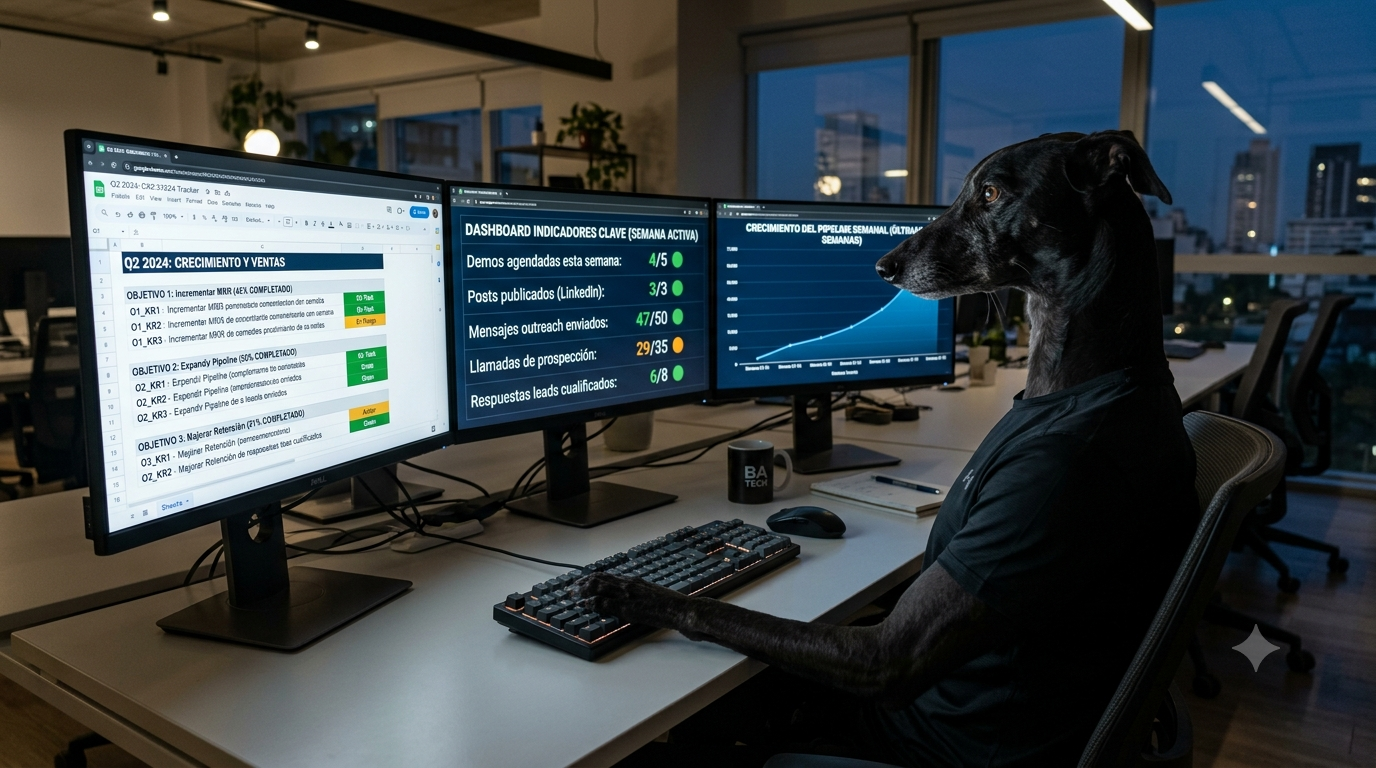 Pauli el Greyhound monitoreando los OKRs y KPIs del quarter