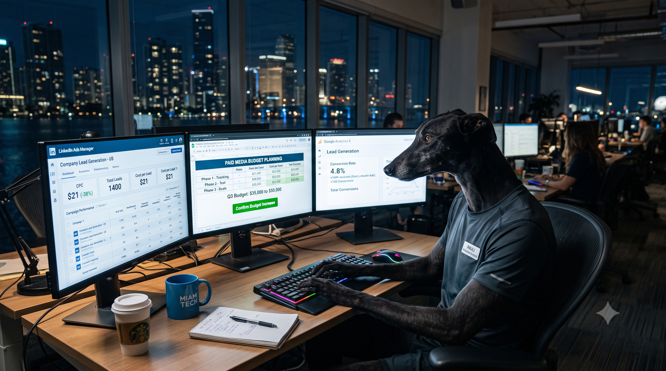 Pauli the Greyhound scaling LinkedIn Ads and Google campaigns on night screens