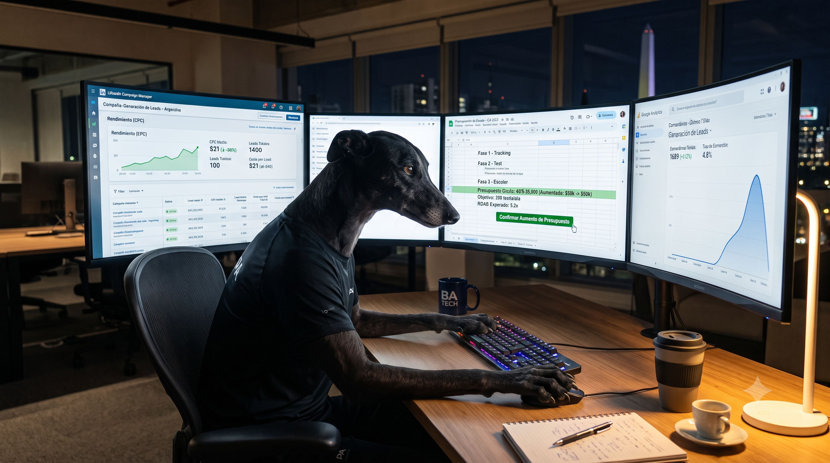 Pauli el Greyhound escalando campañas de LinkedIn Ads y Google en pantallas nocturnas