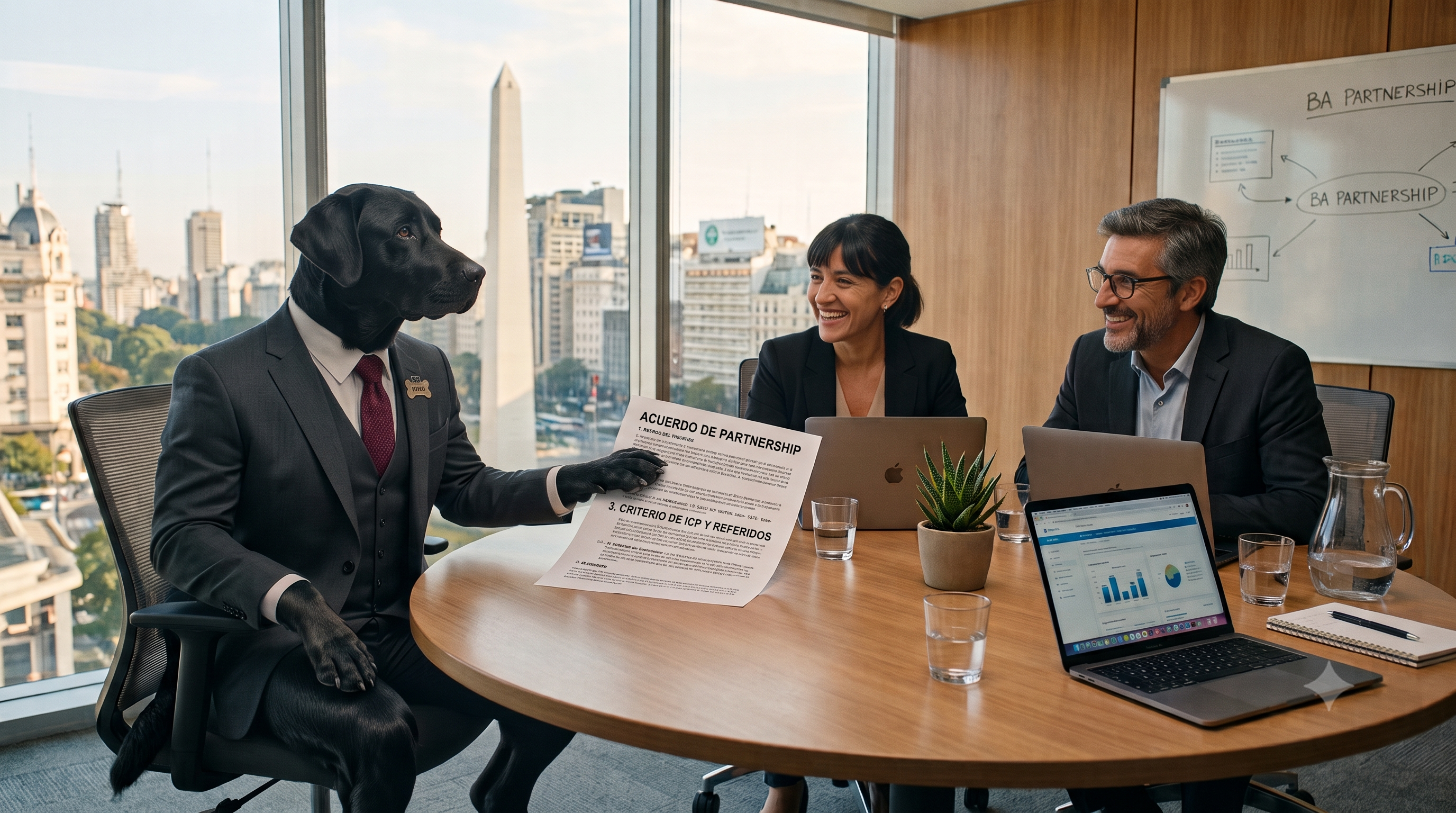 Tano el Great Dane cerrando un acuerdo de partnership con dos founders frente al Obelisco