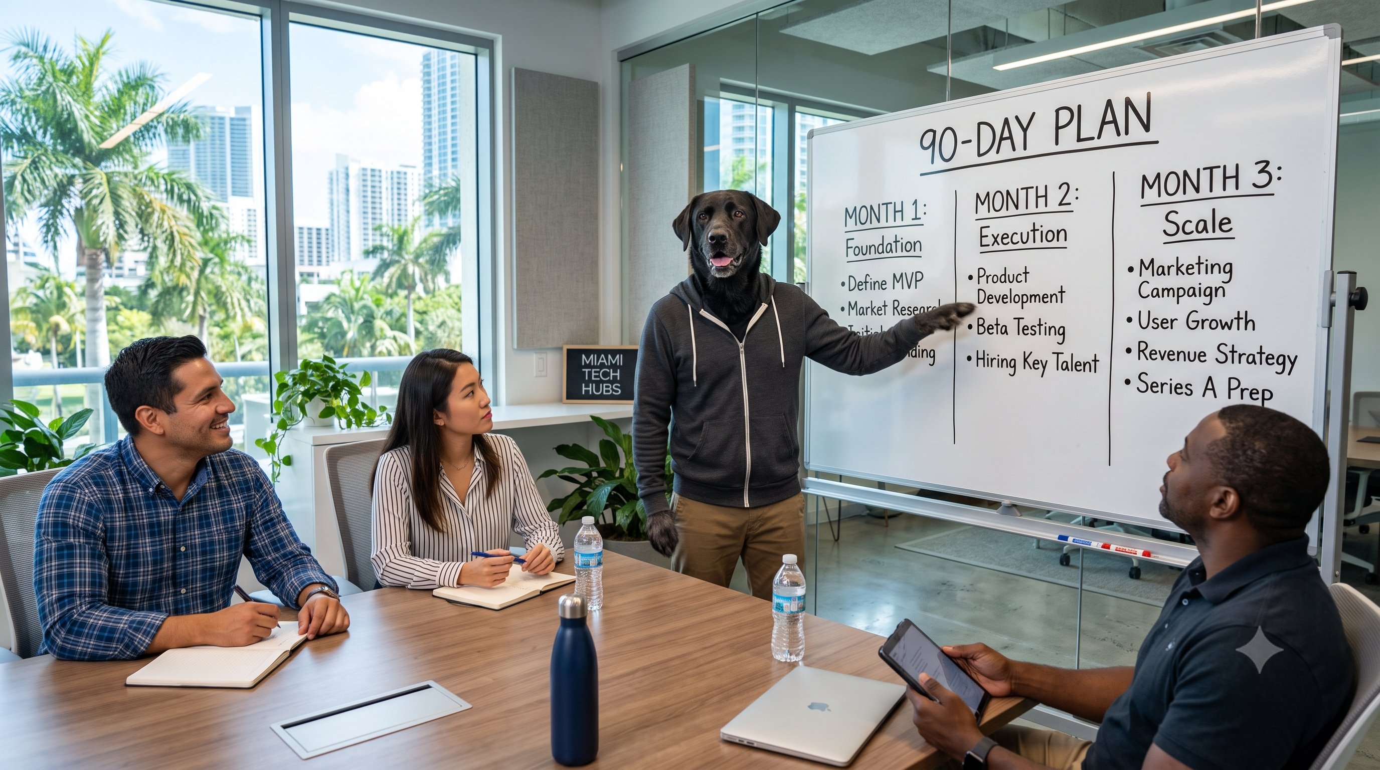 Juan the Service Dog presenting the 90-Day Plan to the client team