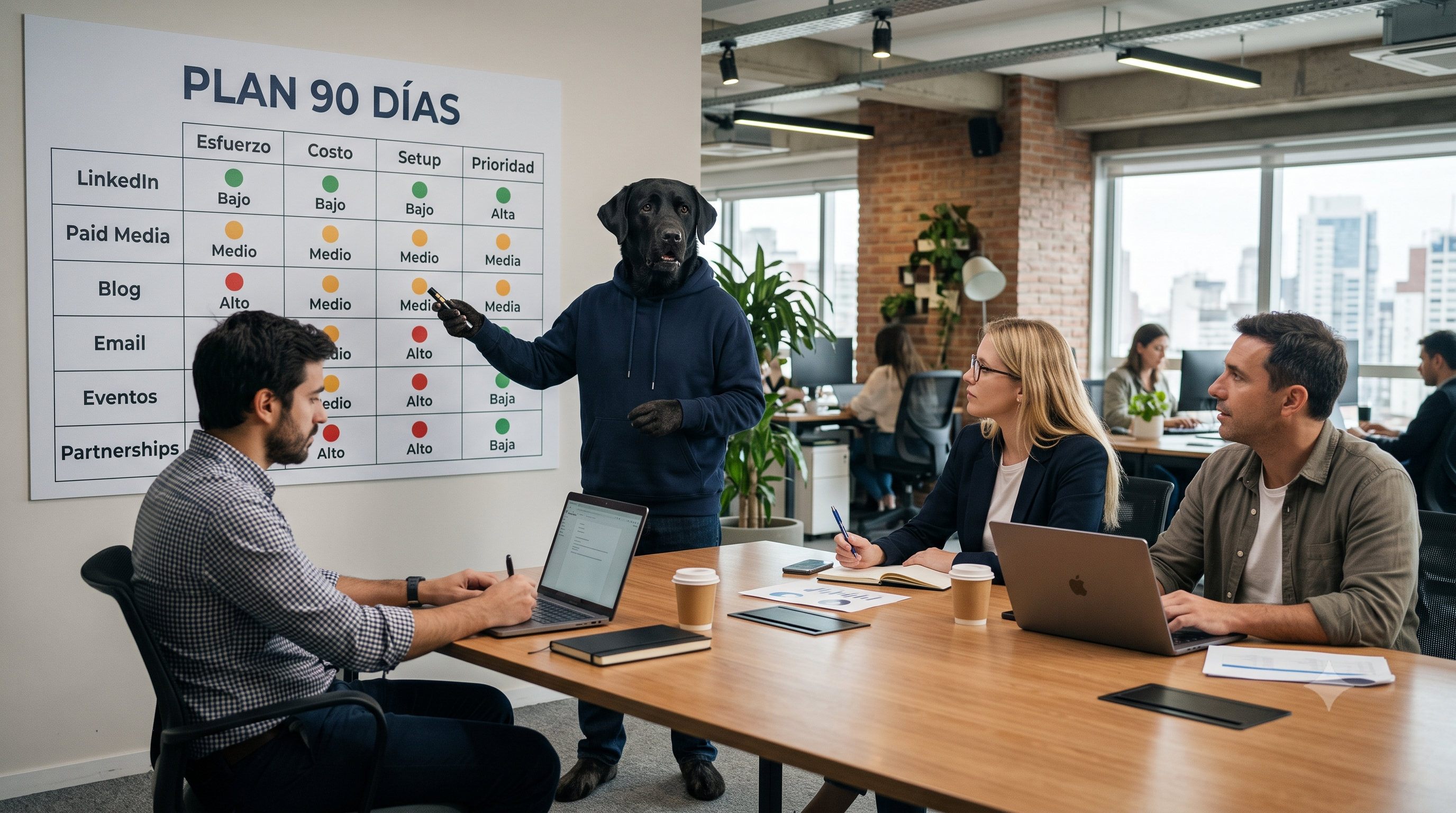 Juan el Service Dog presentando el Plan 90 Días al equipo del cliente