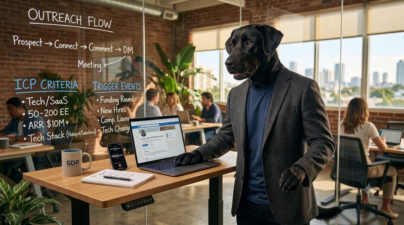 Jose the Labrador running a consultative LinkedIn outreach sequence