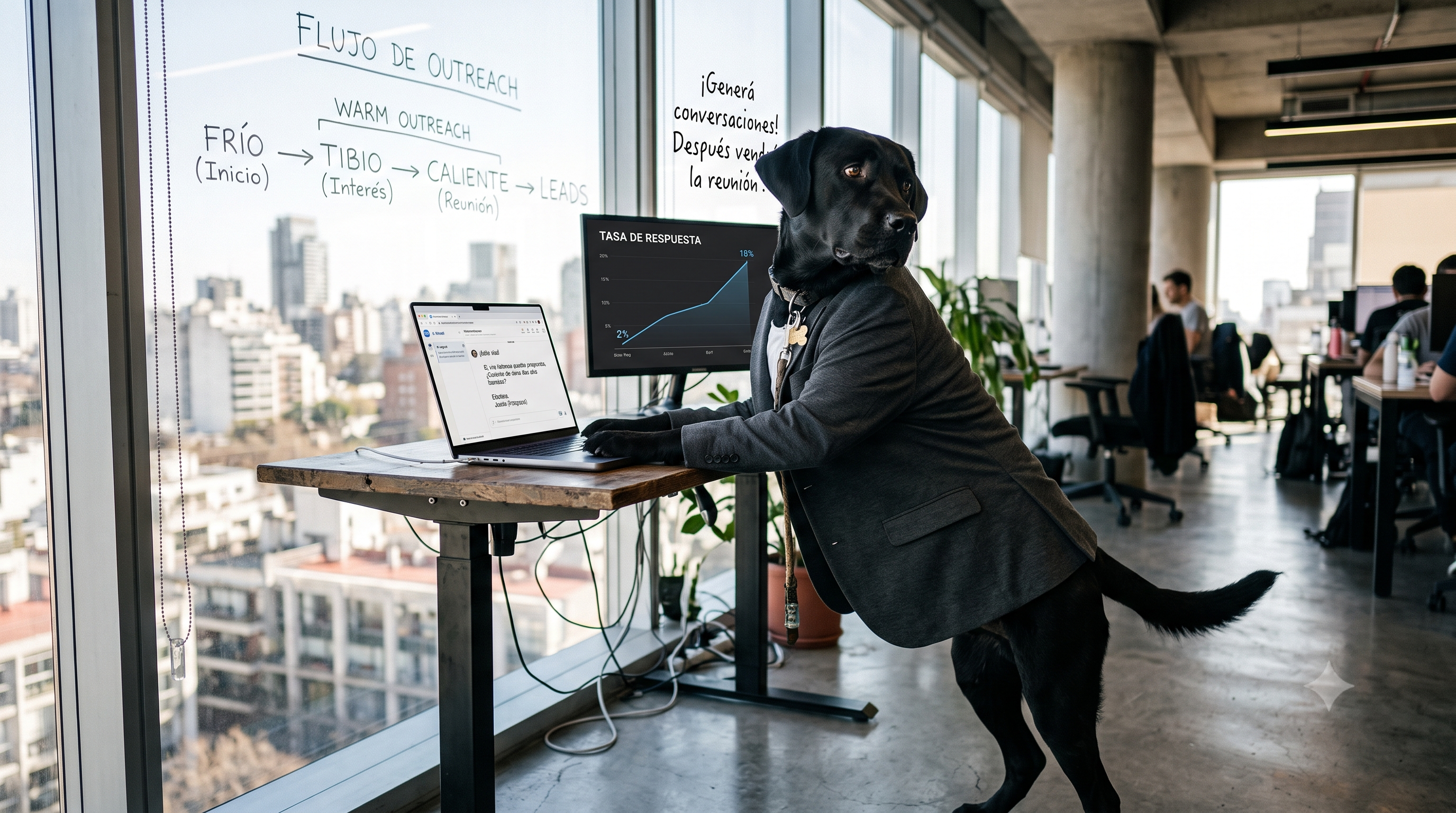 Joe el Black Lab haciendo warm outreach en LinkedIn con el flujo de mensajes detrás