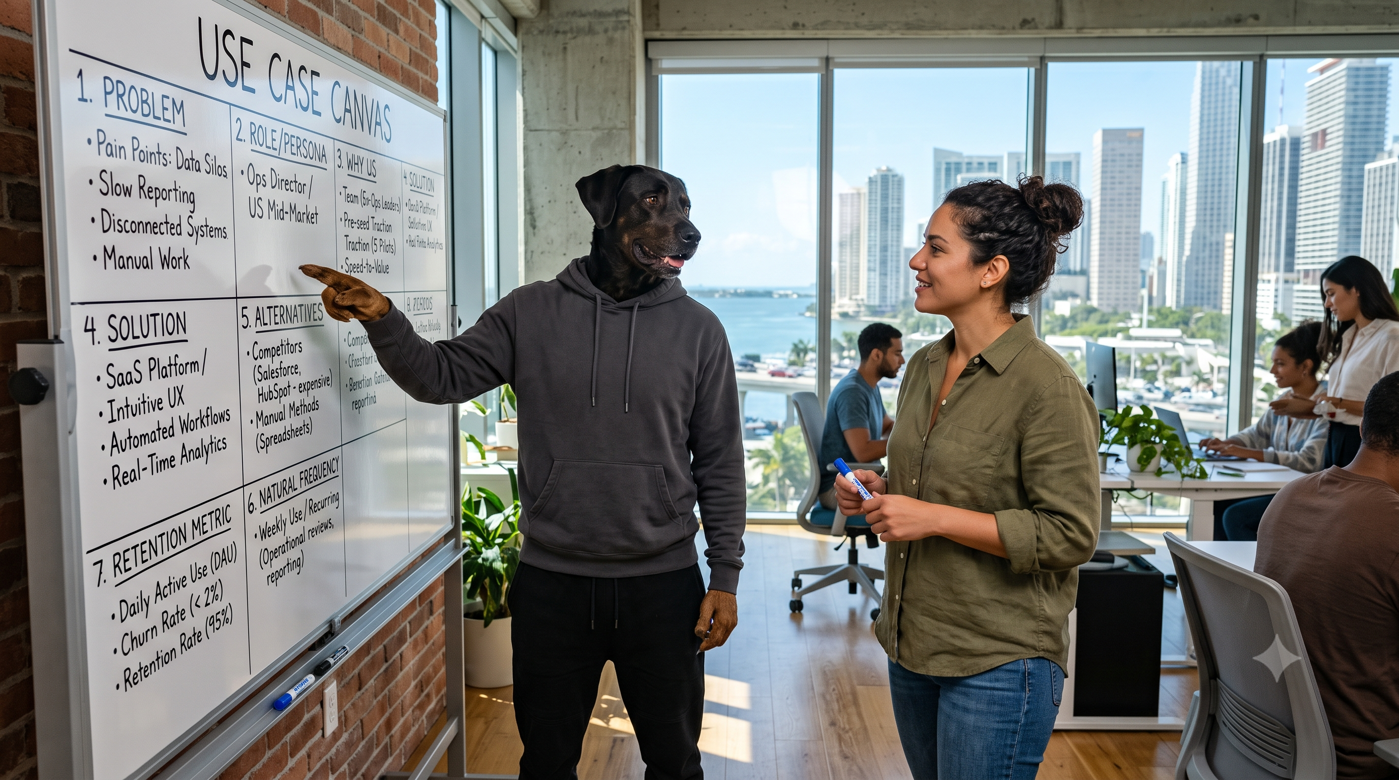 Service Dog and founder defining the Use Case Canvas on a whiteboard