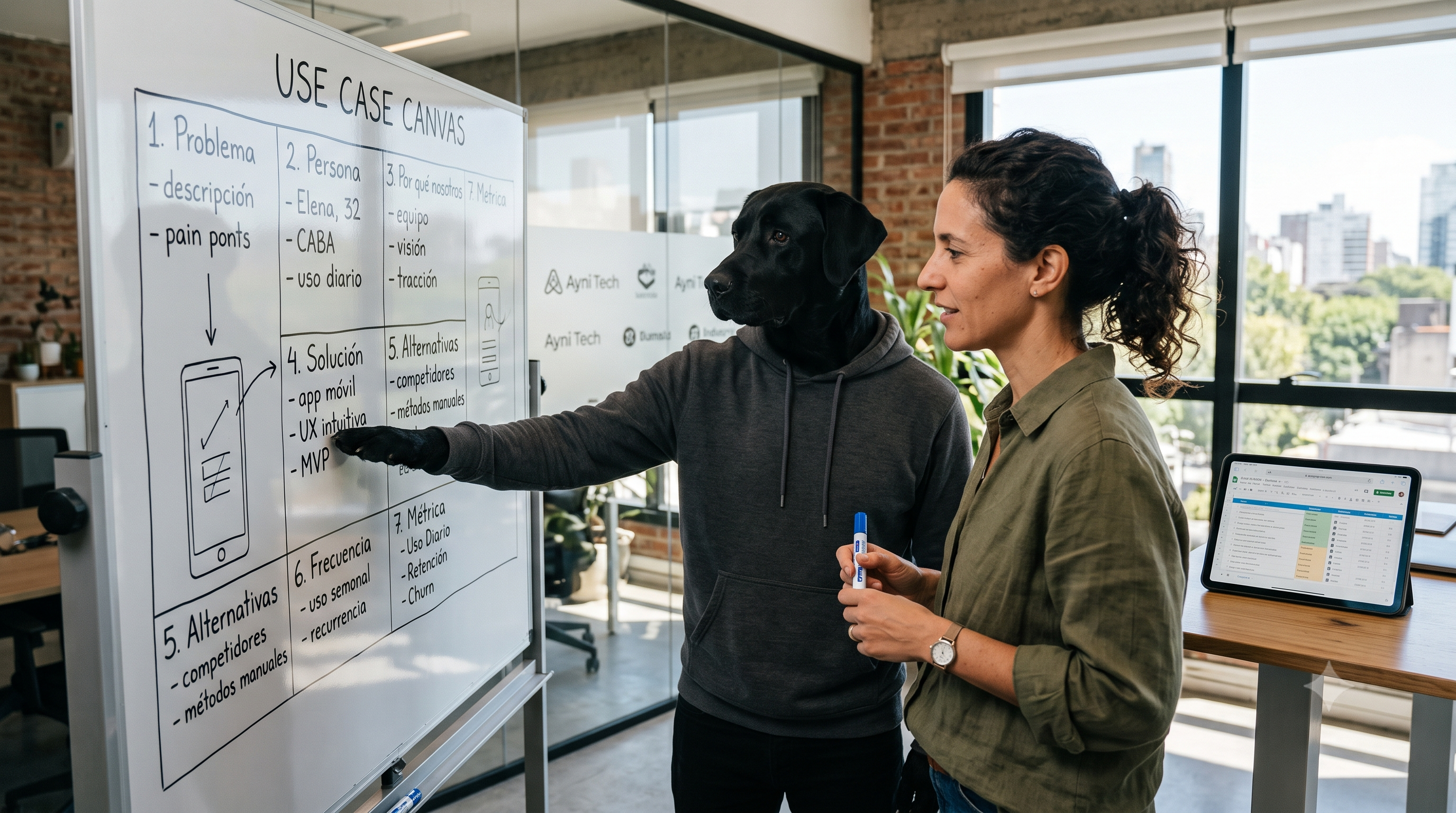Service Dog y fundadora definiendo el Use Case Canvas en la pizarra