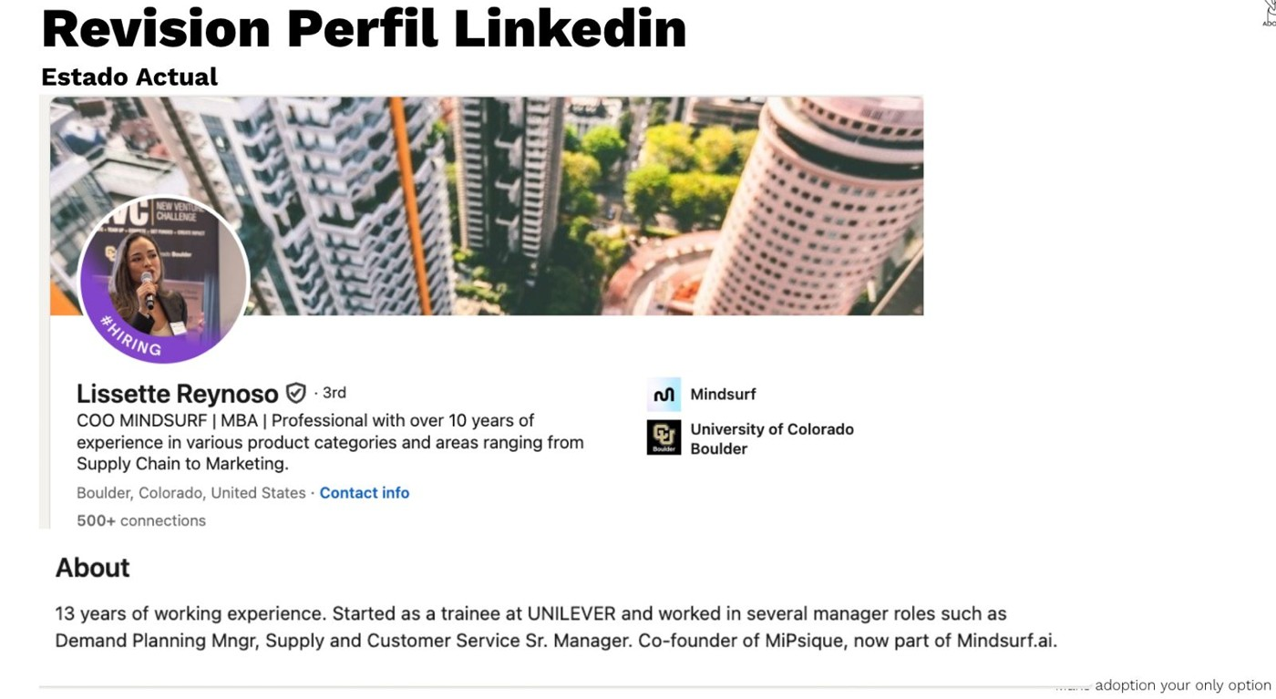 Antes: perfil de LinkedIn genérico, sin propuesta de valor clara