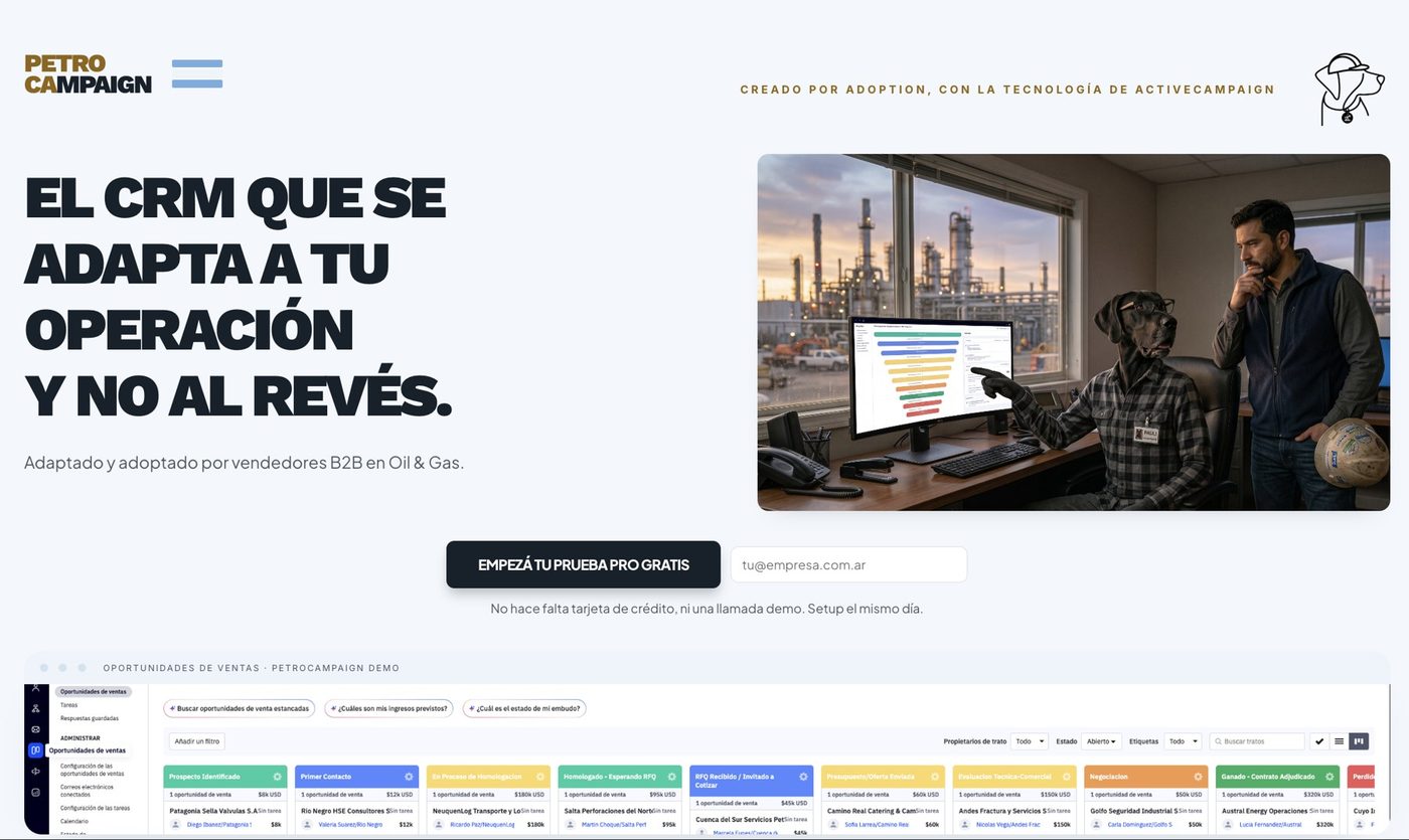 Landing page de PetroCampaign, el CRM diseñado por Adoption y potenciado por ActiveCampaign