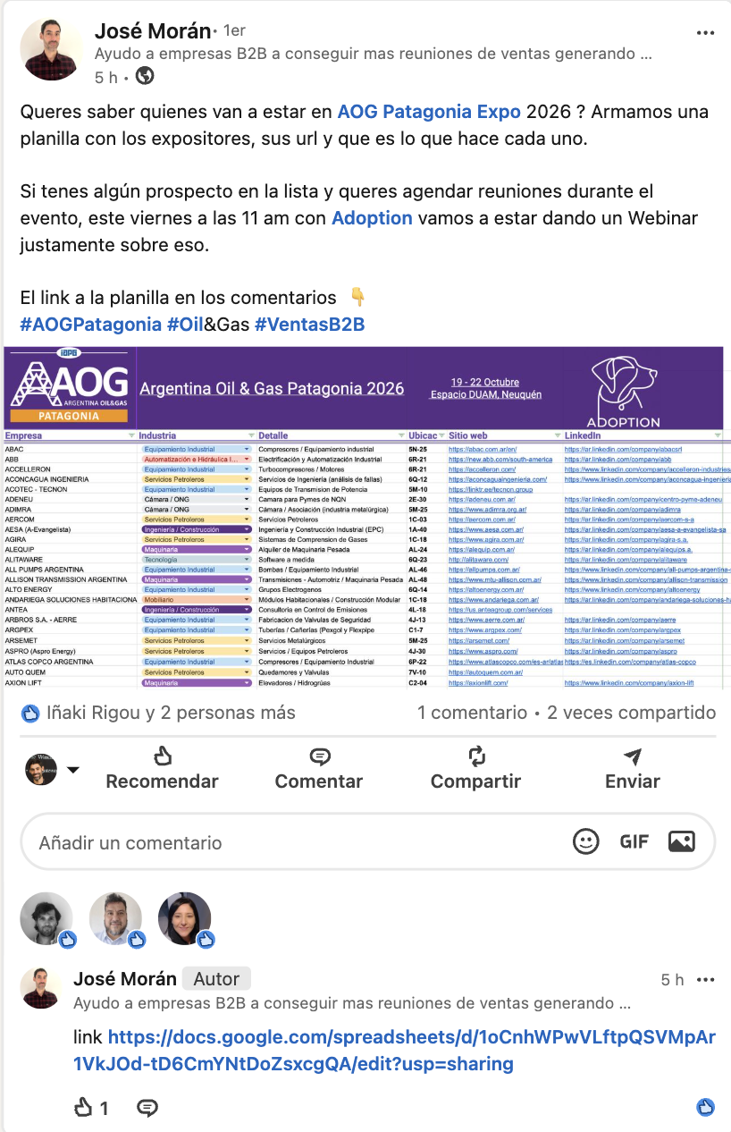 Ejemplo real de posteo de LinkedIn con la planilla de expositores