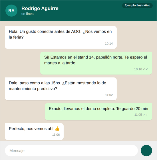 Conversación de WhatsApp durante el evento, coordinando encuentros con leads en la feria